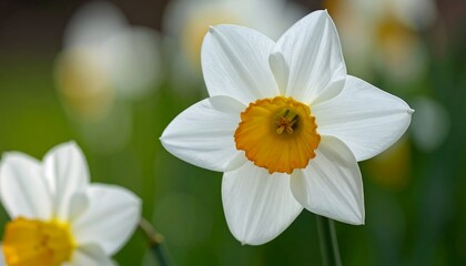 Close-up of a white daffodil with an orange center
