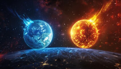 Obraz premium A fiery, blazing celestial body and a cool, icy planet are juxtaposed against a backdrop of a dark, starry expanse, with a sliver of a snow-capped mountainous planet visible at the bottom