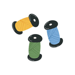 Hand drawn vector illustration of sewing thread spools in cartoon flat style. Colorful bobbins of thread perfect for needlework, tailoring, and textile projects.