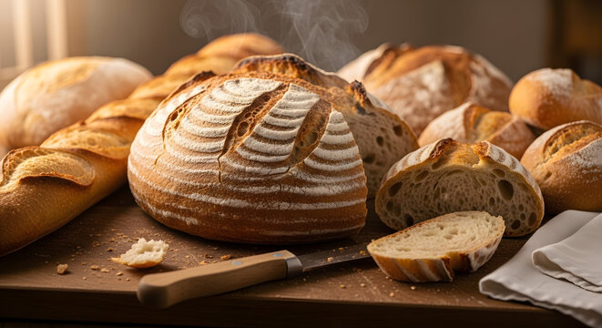 Photorealistic loaf of bread under warm light, symbol of generosity and togetherness