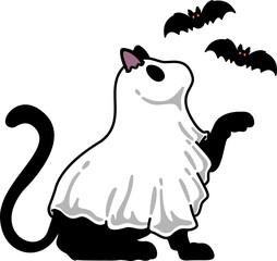 Halloween Black cat Ghost with Bats Cartoon