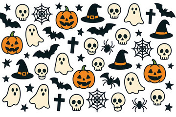 Assortment of cute and spooky Halloween icons scattered on a background symbols