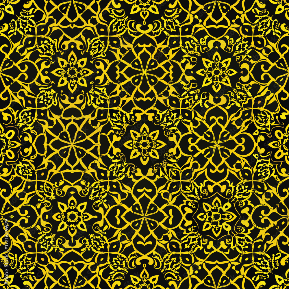 Poster ornate yellow and black damask pattern with floral and scrollwork elements seamless background