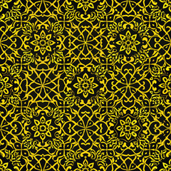 Ornate Yellow and Black Damask Pattern with Floral and Scrollwork Elements seamless background