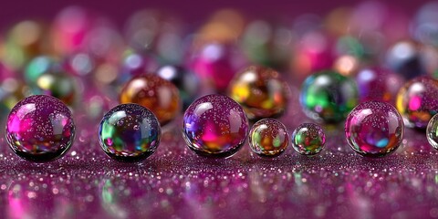 Vibrant iridescent spheres on purple surface with bokeh effect