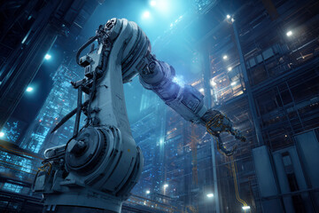 An Industrial Robotic Arm in a Large Modern Factory Building with a Blue Glow