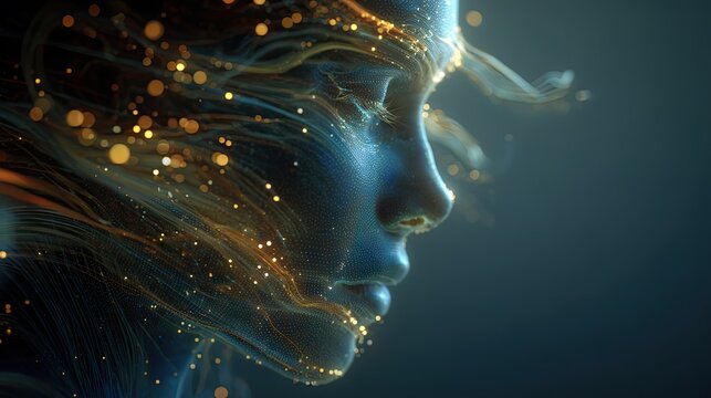 Digital human woman face made of glowing lines and particles. Artificial intelligence or machine learning concept. Technology and science.