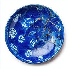 Antique blue kintsugi bowl with crack patterns and decorative floral motifs