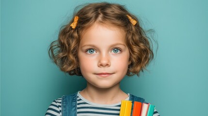 Caucasian young girl with curly hair holding colorful books on blue background