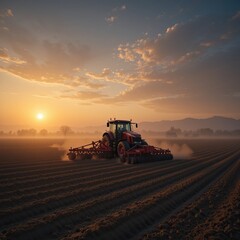 Fototapeta premium Red tractor plowing field at sunrise with dust and strong rows
