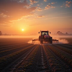 Fototapeta premium Tractor cultivating soil at sunrise in misty rural landscape