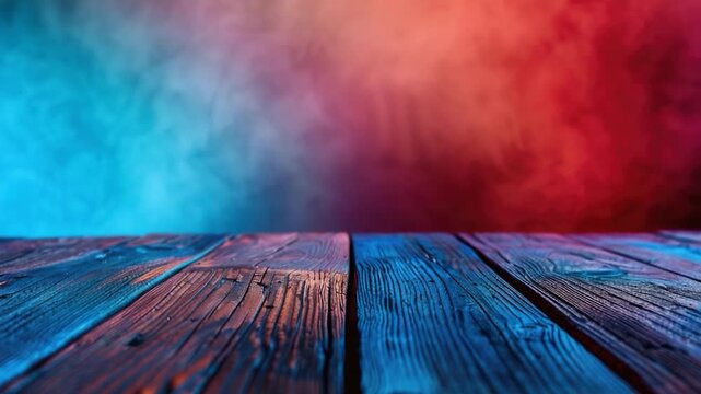 A wooden table with a red and blue striped background, suitable for decorative or creative purposes