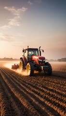 Fototapeta premium Modern red tractor cultivating soil on agricultural field during misty morning sunrise