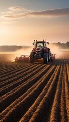 Fototapeta premium Agricultural tractor preparing soil in large farmland under early morning light haze