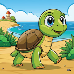 Fototapeta premium Adorable cartoon turtle walking slowly on a sunny beach by the ocean vector