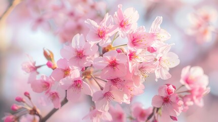  the beauty of Japanese cherry blossoms in full bloom during spring.
The delicate soft pink flowers create a peaceful and romantic atmosphere, symbolizing renewal, hope