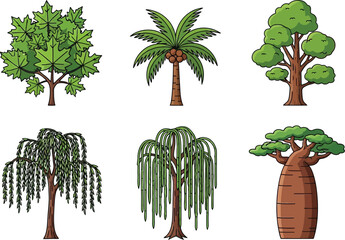 Tree illustrations including maple, palm, willow, and baobab