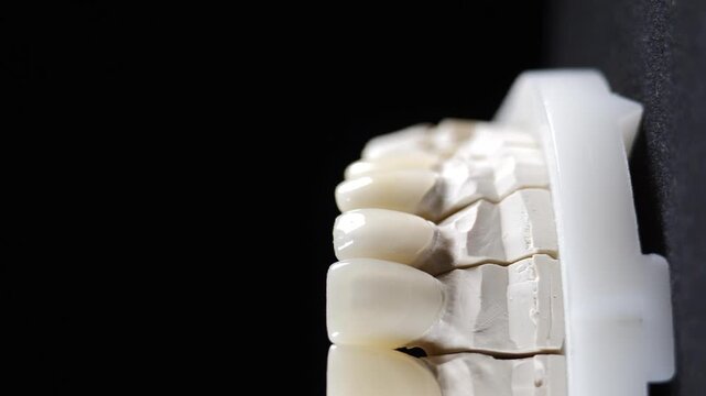 Jaw tooth model video shot on black background. Dental crowns, teeth veneers on jaw model. Vertical footage. Removable partial denture, mandibular prosthesis. 4 k video