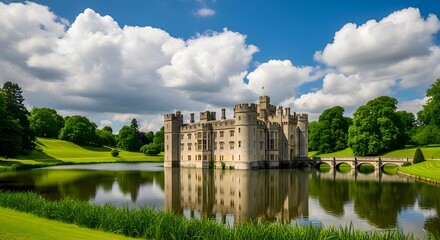 Obraz premium A majestic stone castle, reflected in the surrounding moat, stands under a bright blue sky with scattered white clouds, framed by lush green lawns and mature trees