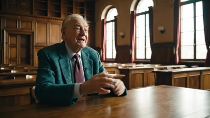 Thoughtful Scholar in Historical Setting: A distinguished senior in a traditional academic environment, the scholar sits poised, conveying wisdom and experience. Capturing depth and contemplation.