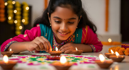 Fototapeta premium Young Girl Lighting Diyas for Diwali Celebration