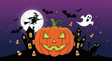 Spooky Halloween Night Scene Pumpkin, Haunted House, Witch, Bats, and Ghost against a Moonlit Sky