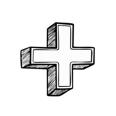 Obraz premium Hand Drawn Plus Sign Icon Sketch Style Three Dimensional Black Outline Graphic Symbol