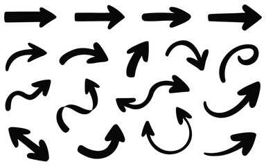 Collection of hand drawn black arrows, pointing in different directions, vector illustration set, navigation and direction symbols, graphic design elements