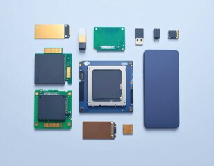 Collection of diverse electronic components and a smartphone on a light background