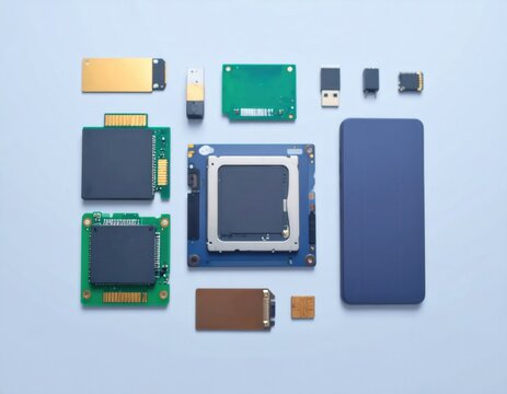 Collection of diverse electronic components and a smartphone on a light background
