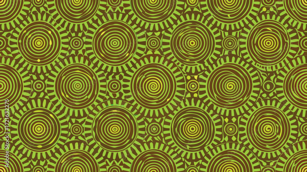 Poster repeating pattern of green and yellow concentric circles and sunburst motifs seamless background