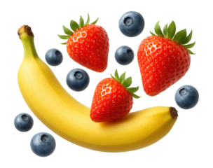 Assorted bright fruits including banana, strawberry, and blueberry on a plain background.