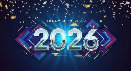 Elegant 2026 New Year Celebration with Confetti and Geometric Shapes on Dark Blue
