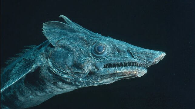 chimaera. A deep-sea chimaera glowing with bioluminescent forehead lights in the dark ocean abyss. wildlife magazines, conservation campaigns, designed for eco-tourism storytelling.