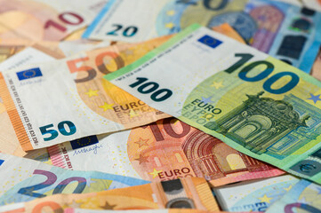 Euro banknotes on table closeup macro shot
