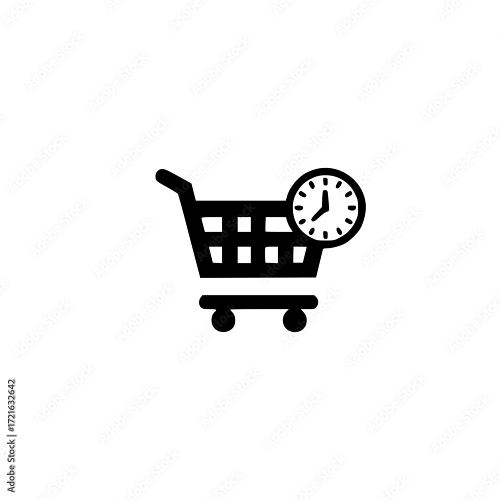 Poster shopping cart with small clock symbolizing time management in retail and consumer behavior