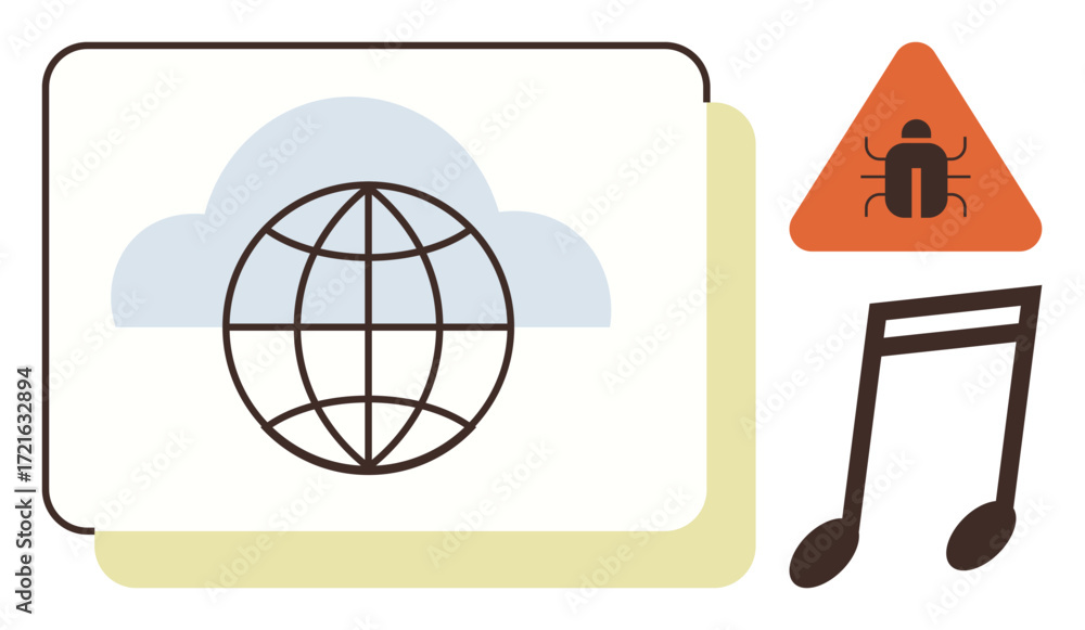 Aufkleber globe in a cloud reflects internet access, paired with a warning triangle featuring a bug and music 
