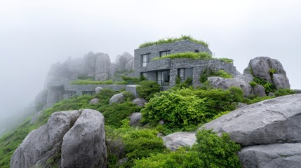 A Serene Stone House Nestled Among Misty Rocks and Lush Greenery Capturing the Essence of Nature and Modern Architecture in a Breathtaking Landscape
