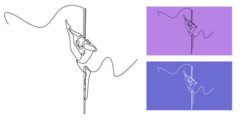 Continuous line drawing of a woman pole dancing.minimalist one line art illustration symbolizing flexibility, strength, balance, and fitness lifestyle.