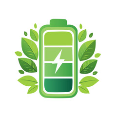 Green battery charging icon with leaves symbolizing sustainable and eco friendly energy