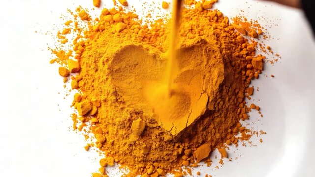 A creative representation of a heart made from tumeric powder on a white surface, ideal for use in recipes, cooking demonstrations, or as a decorative element