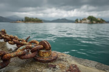 Rusty anchor chain at a weathered pier