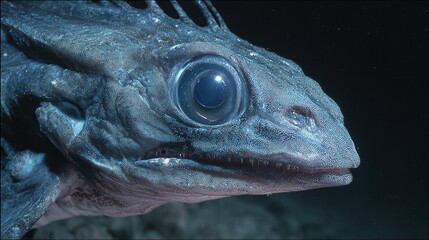 chimaera. A deep-sea chimaera glowing with bioluminescent forehead lights in the dark ocean abyss. wildlife magazines, conservation campaigns, designed for eco-tourism storytelling.