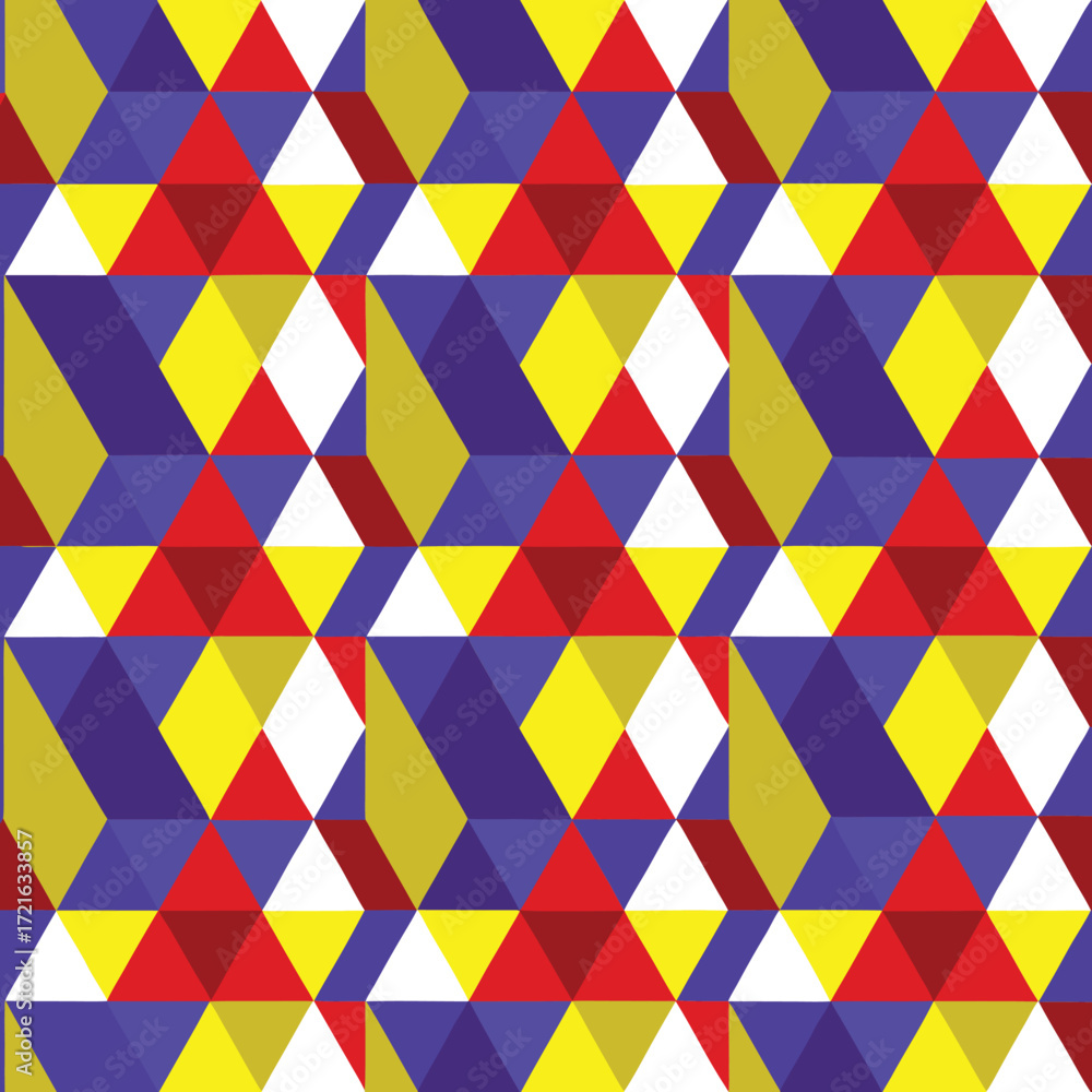 Poster seamless geometric pattern of interlocking triangles and squares in primary colors abstract backgrou