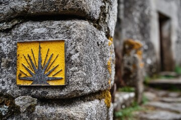 Stone wall marker with yellow sign