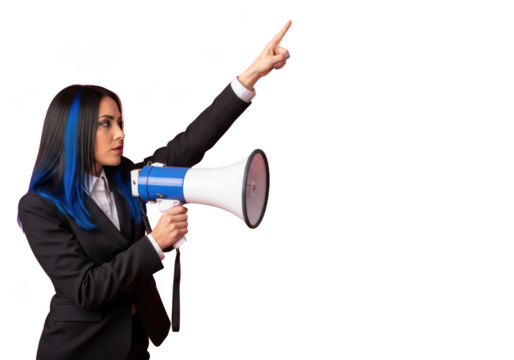 Woman in suit holding a megaphone and pointing upwards isolated on transparent background