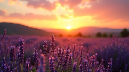 Fototapeta premium Tranquil Lavender Field Under Setting Sun