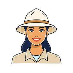 Cartoon portrait of a smiling female adventurer in a safari hat