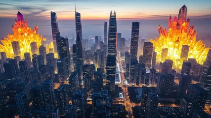 Massive glowing neon crystal formations rising above futuristic city skyline at sunset
 - Powered by Adobe