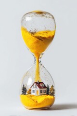 A yellow hourglass with a small house inside
